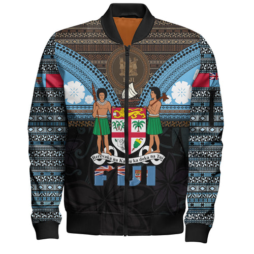 Fiji Bomber Jacket Fiji Brown Masi Design With Coat Of Arms Tribal Half Black