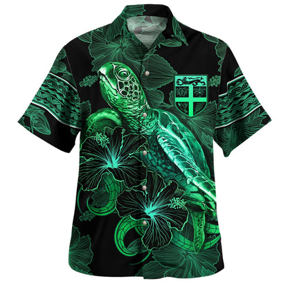 Fiji Hawaiian Shirt  Sea Turtle With Blooming Hibiscus Flowers Tribal Green