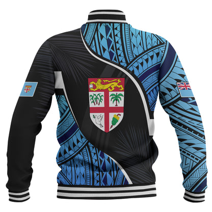 Fiji Baseball Jacket Fiji Map With Coat Of Arms Polynesian Tatau Half Black