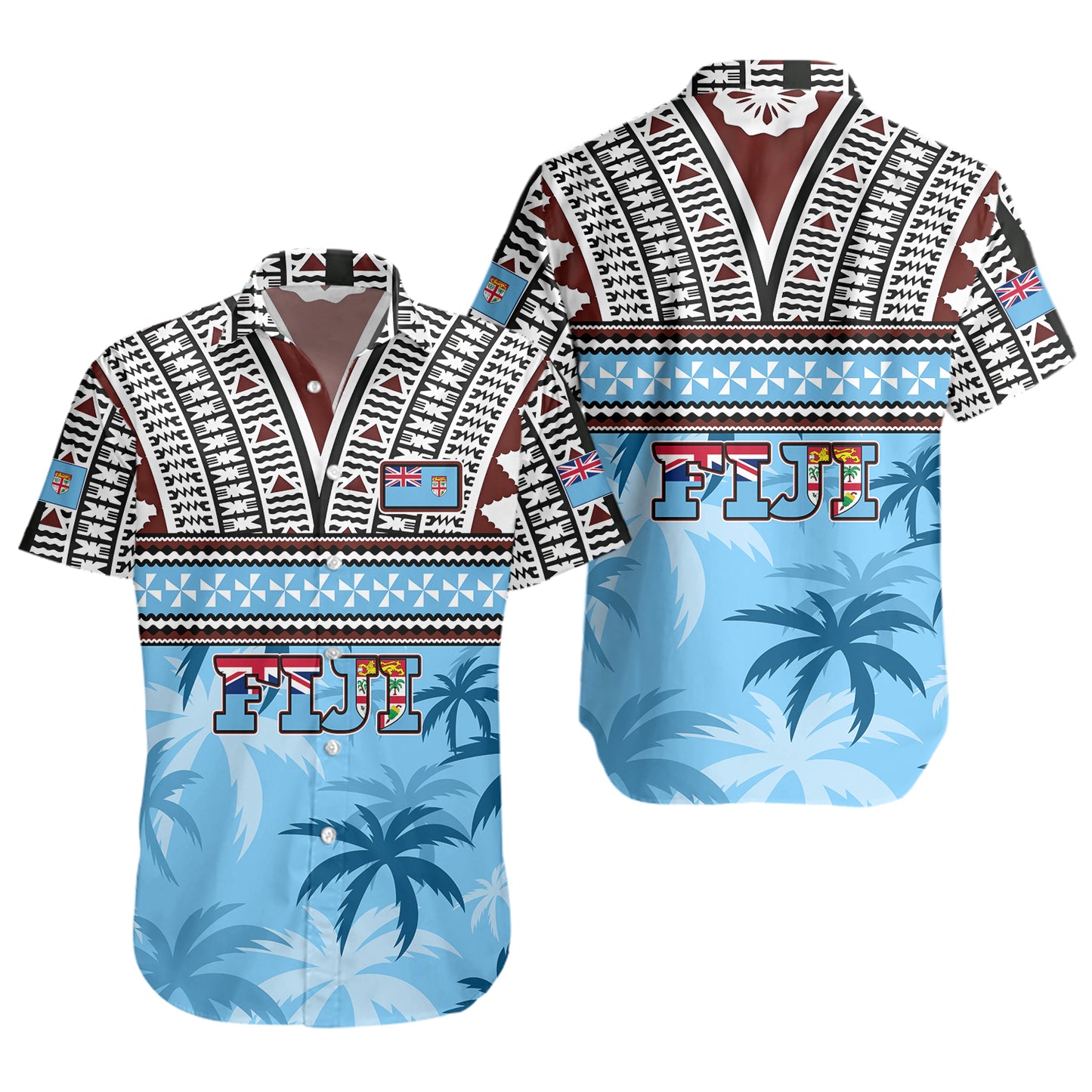 Fiji Short Sleeve Shirt Fijian Tribal Masi Design With Tropical Palm Leaves