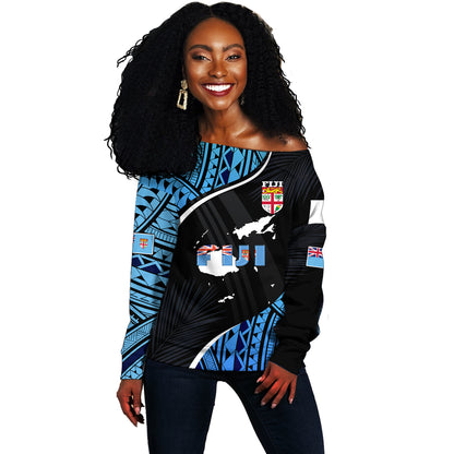 Fiji Off Shoulder Sweatshirt Fiji Map With Coat Of Arms Polynesian Tatau Half Black