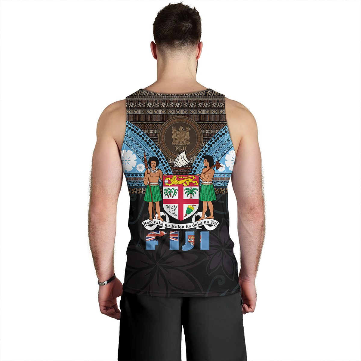 Fiji Tank Top Fiji Brown Masi Design With Coat Of Arms Tribal Half Black
