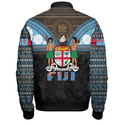Fiji Bomber Jacket Fiji Brown Masi Design With Coat Of Arms Tribal Half Black