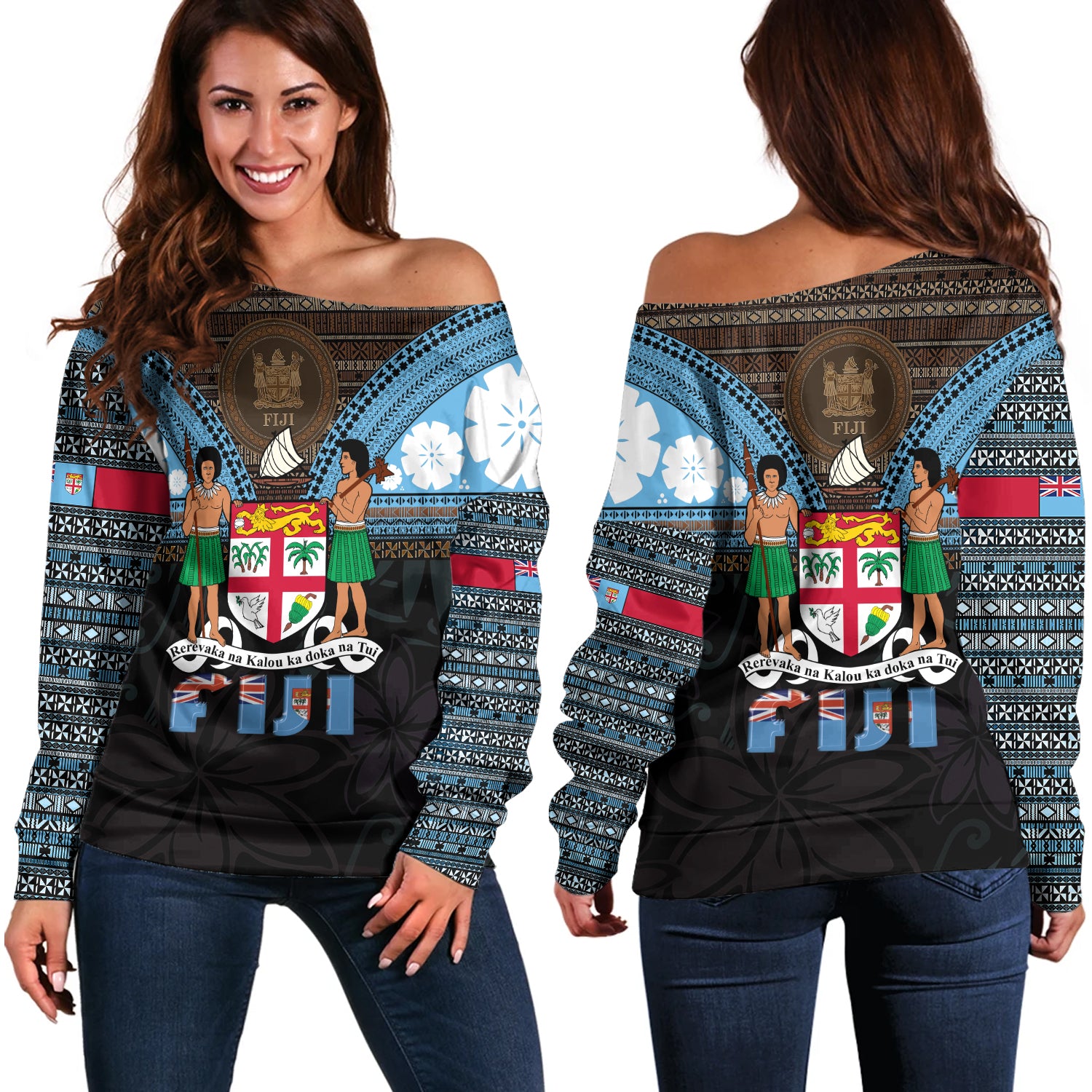 Fiji Off Shoulder Sweatshirt Fiji Brown Masi Design With Coat Of Arms Tribal Half Black