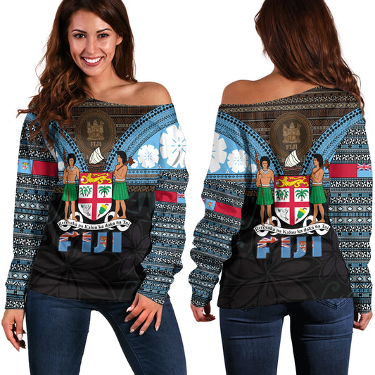 Fiji Off Shoulder Sweatshirt Fiji Brown Masi Design With Coat Of Arms Tribal Half Black