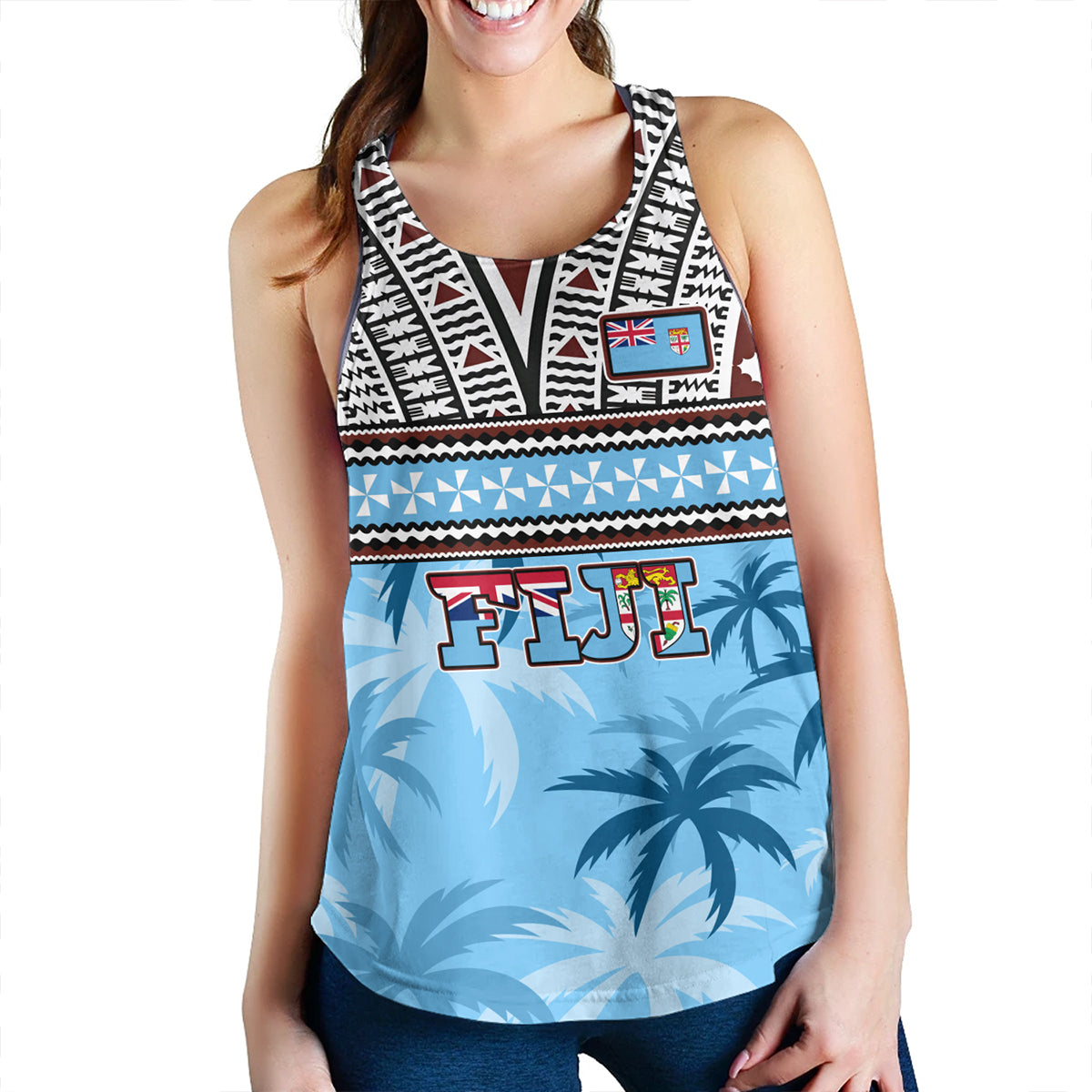 Fiji Women Tank Fijian Tribal Masi Design With Tropical Palm Leaves