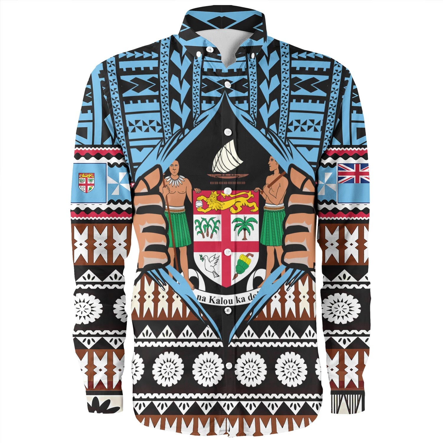 Fiji Long Sleeve Shirt Born Fijian Masi Traditional Pattern Pacific Tribal Art