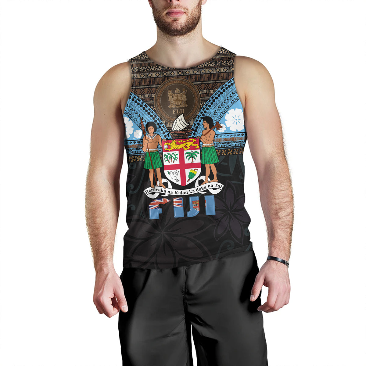 Fiji Tank Top Fiji Brown Masi Design With Coat Of Arms Tribal Half Black