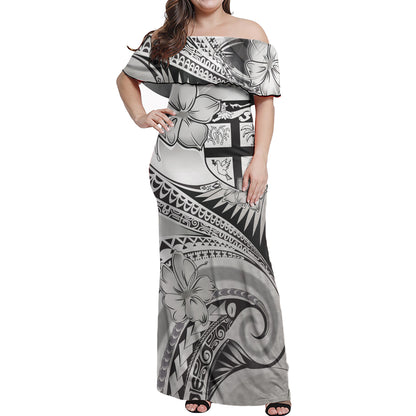 Fiji Combo Off Shoulder Long Dress And Shirt Polynesian Tribal Waves Patterns Hibiscus Flowers