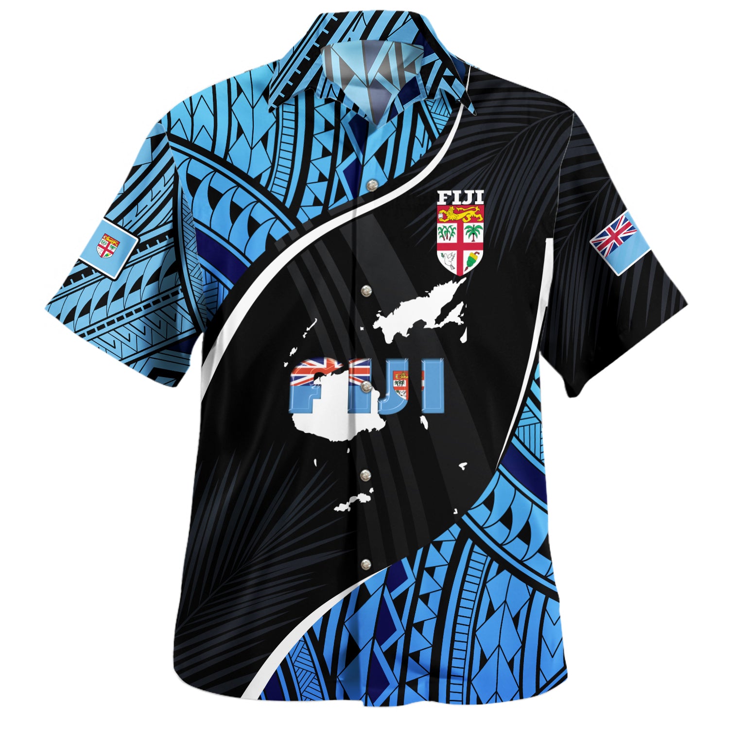 Fiji Hawaiian Shirt Fiji Map With Coat Of Arms Polynesian Tatau Half Black