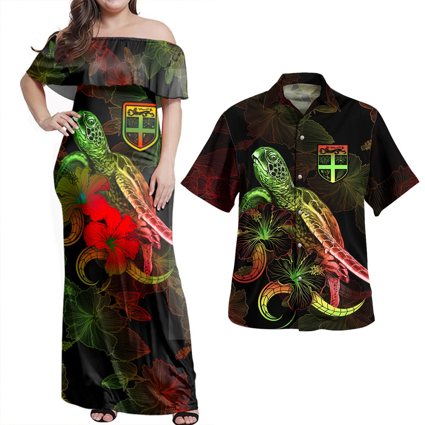 Fiji Combo Dress And Shirt - Sea Turtle With Blooming Hibiscus Flowers Reggae