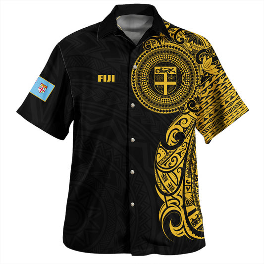 Fiji Hawaiian Shirt Custom Polynesian Half Sleeve Gold Tattoo With Seal Black