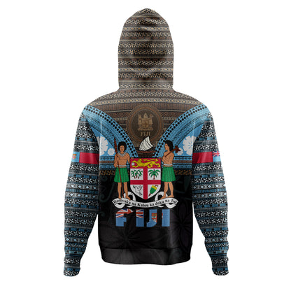 Fiji Hoodie Fiji Brown Masi Design With Coat Of Arms Tribal Half Black