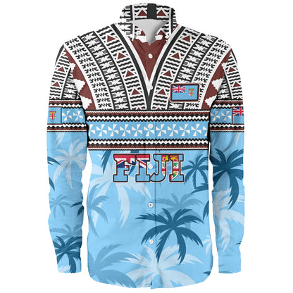 Fiji Long Sleeve Shirt Fijian Tribal Masi Design With Tropical Palm Leaves