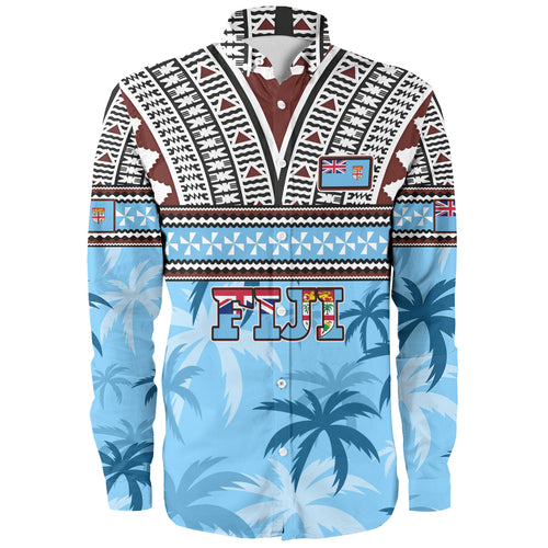 Fiji Long Sleeve Shirt Fijian Tribal Masi Design With Tropical Palm Leaves