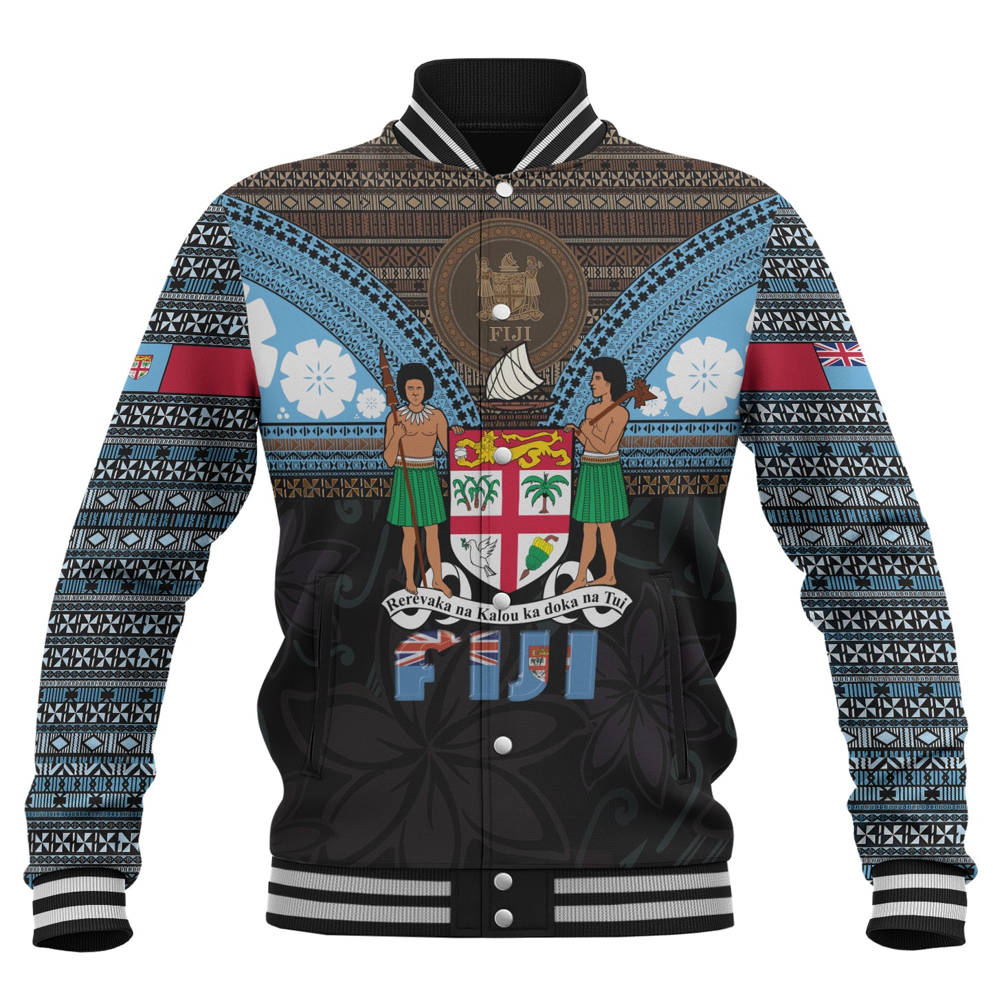 Fiji Baseball Jacket Fiji Brown Masi Design With Coat Of Arms Tribal Half Black