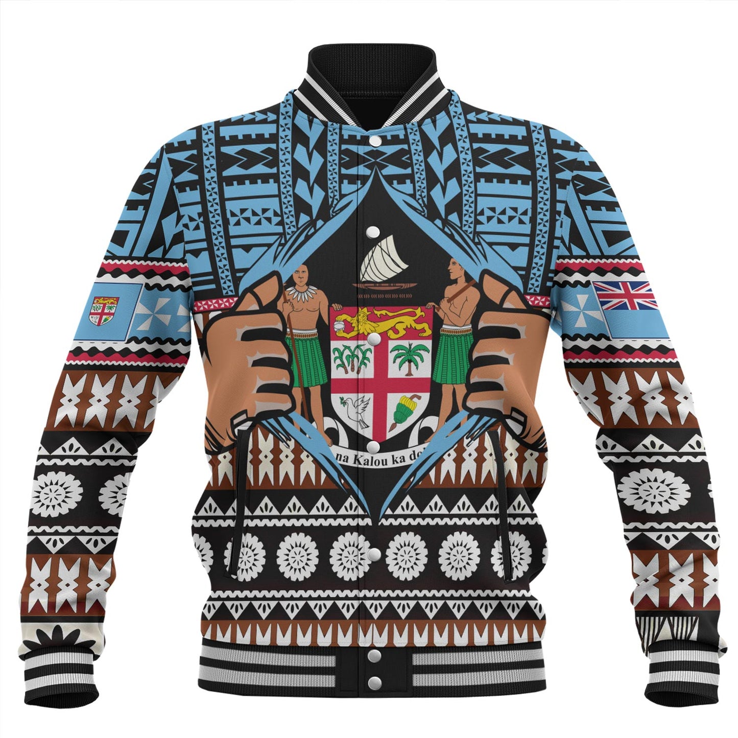 Fiji Baseball Jacket Born Fijian Masi Traditional Pattern Pacific Tribal Art