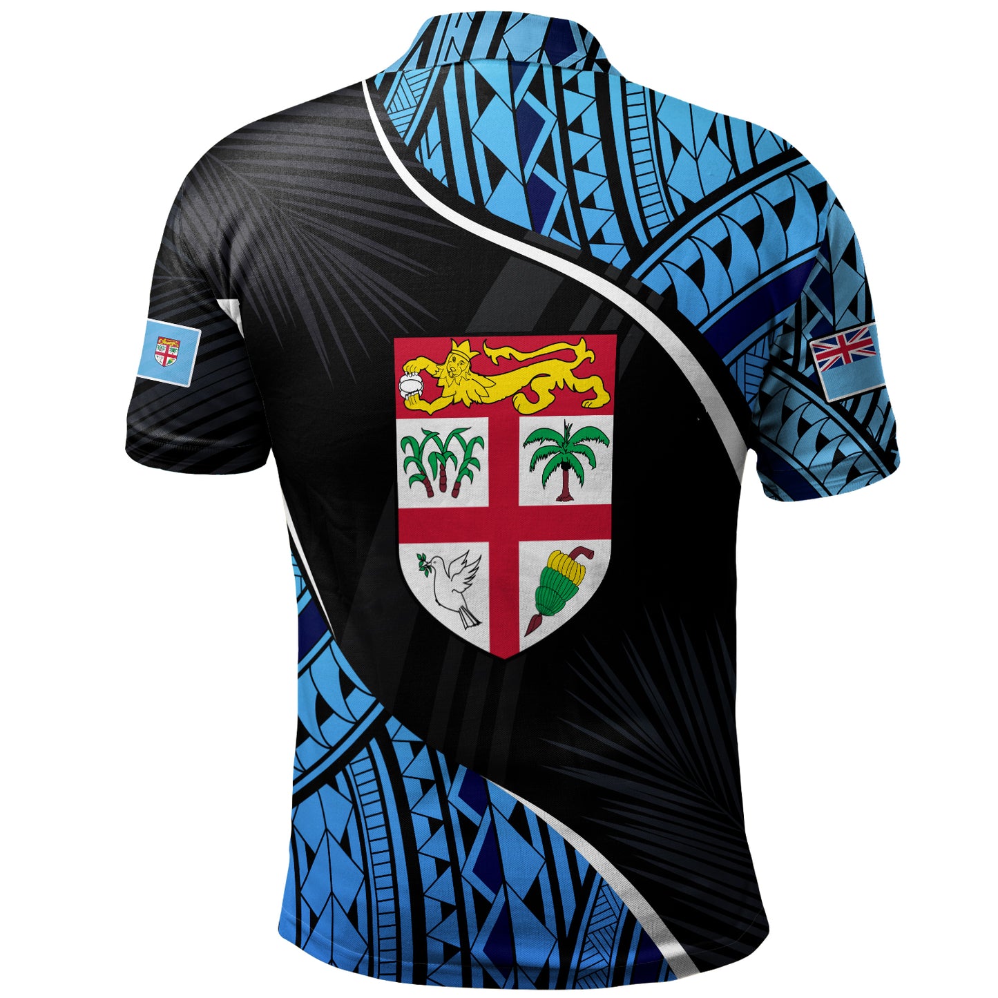 Fiji Polo Shirt Fiji Map With Coat Of Arms Polynesian Tatau Half Black