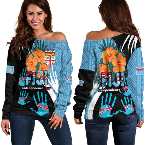 Fiji Off Shoulder Sweatshirt Fiji Day The Bula Spirit Fijian Hand Print Tapa Pattern Tropical Flowers