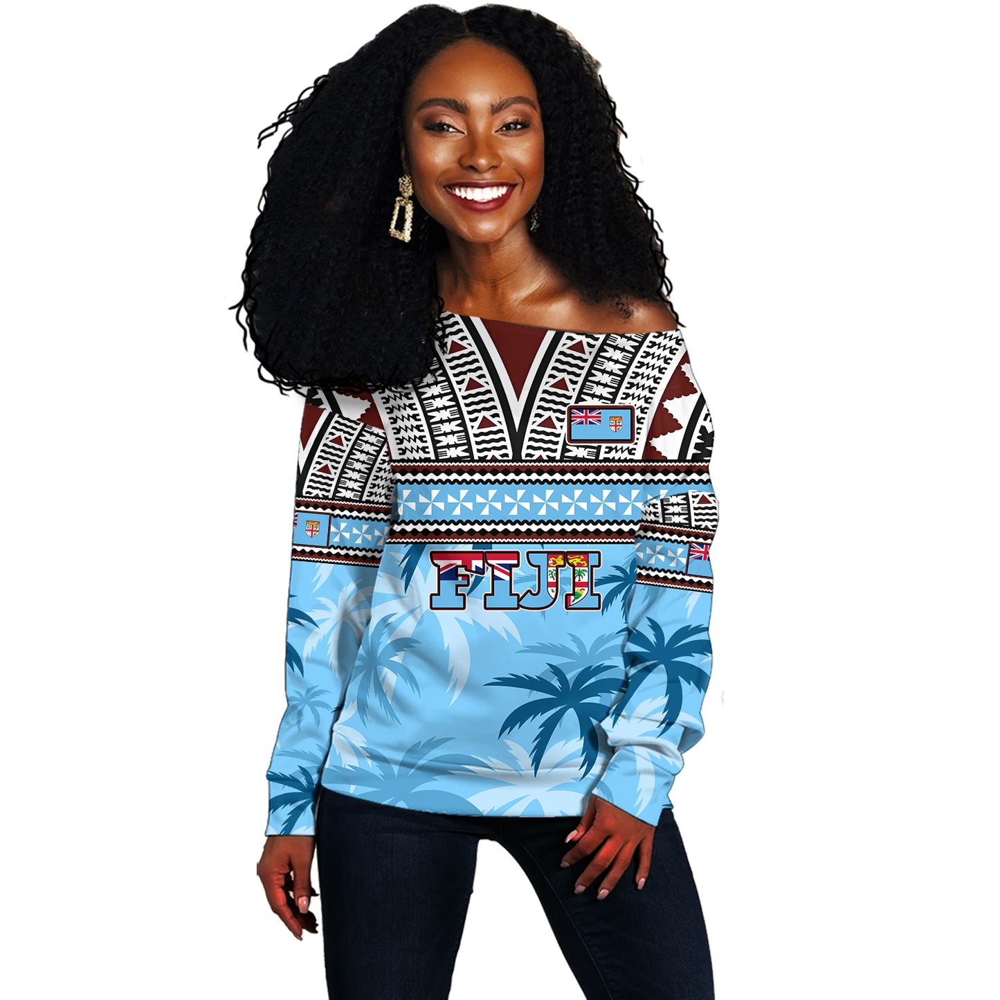 Fiji Off Shoulder Sweatshirt Fijian Tribal Masi Design With Tropical Palm Leaves