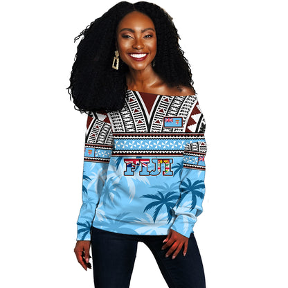 Fiji Off Shoulder Sweatshirt Fijian Tribal Masi Design With Tropical Palm Leaves