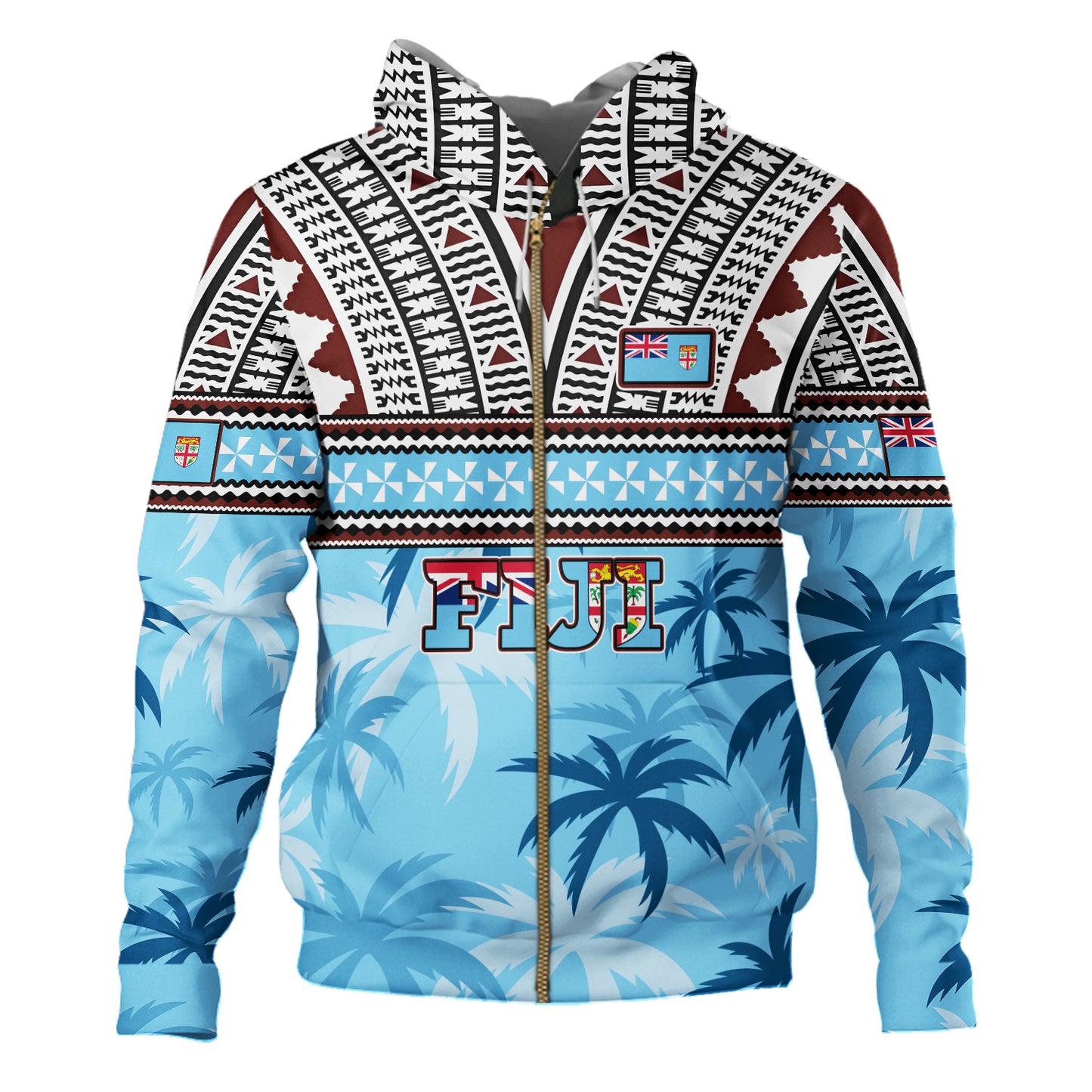 Fiji Hoodie Fijian Tribal Masi Design With Tropical Palm Leaves