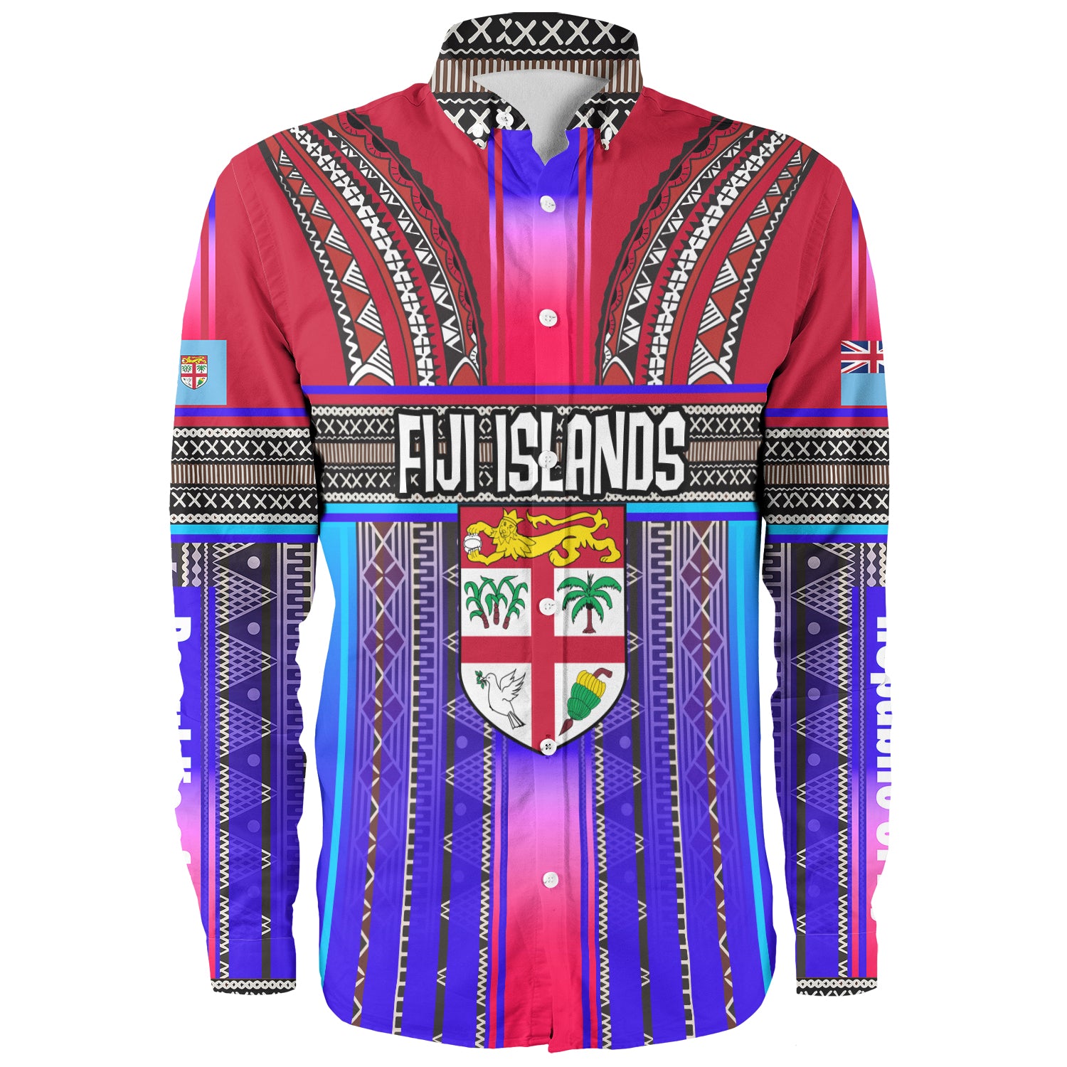 Fiji Long Sleeve Shirt Fijian Traditional Masi Patterns Red