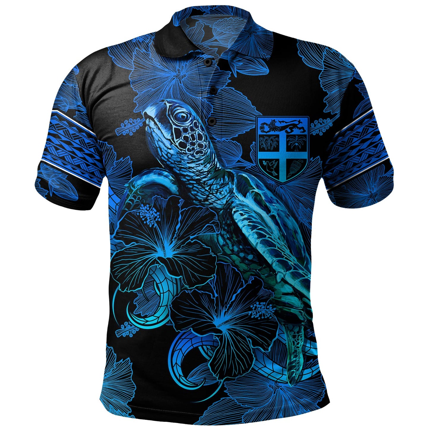 Fiji Polo Shirt Sea Turtle With Blooming Hibiscus Flowers Tribal Blue
