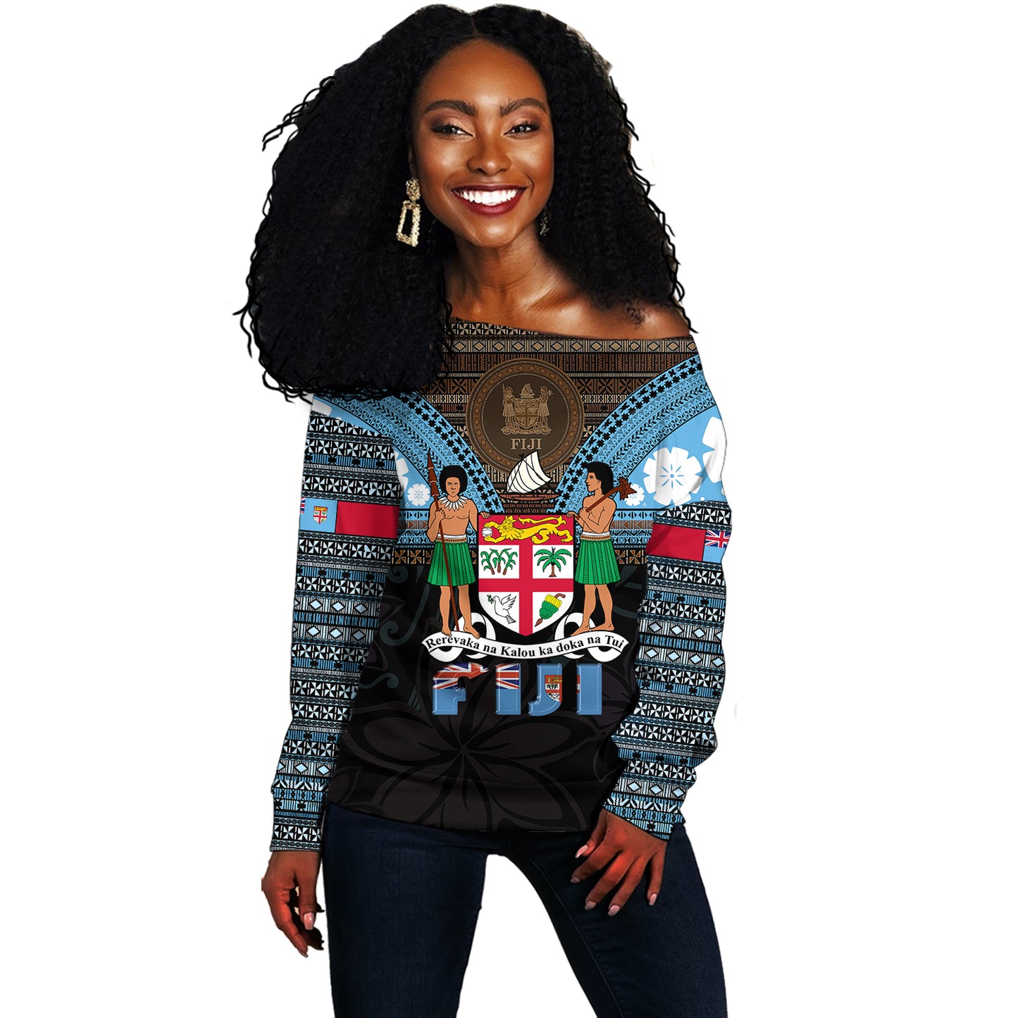 Fiji Off Shoulder Sweatshirt Fiji Brown Masi Design With Coat Of Arms Tribal Half Black