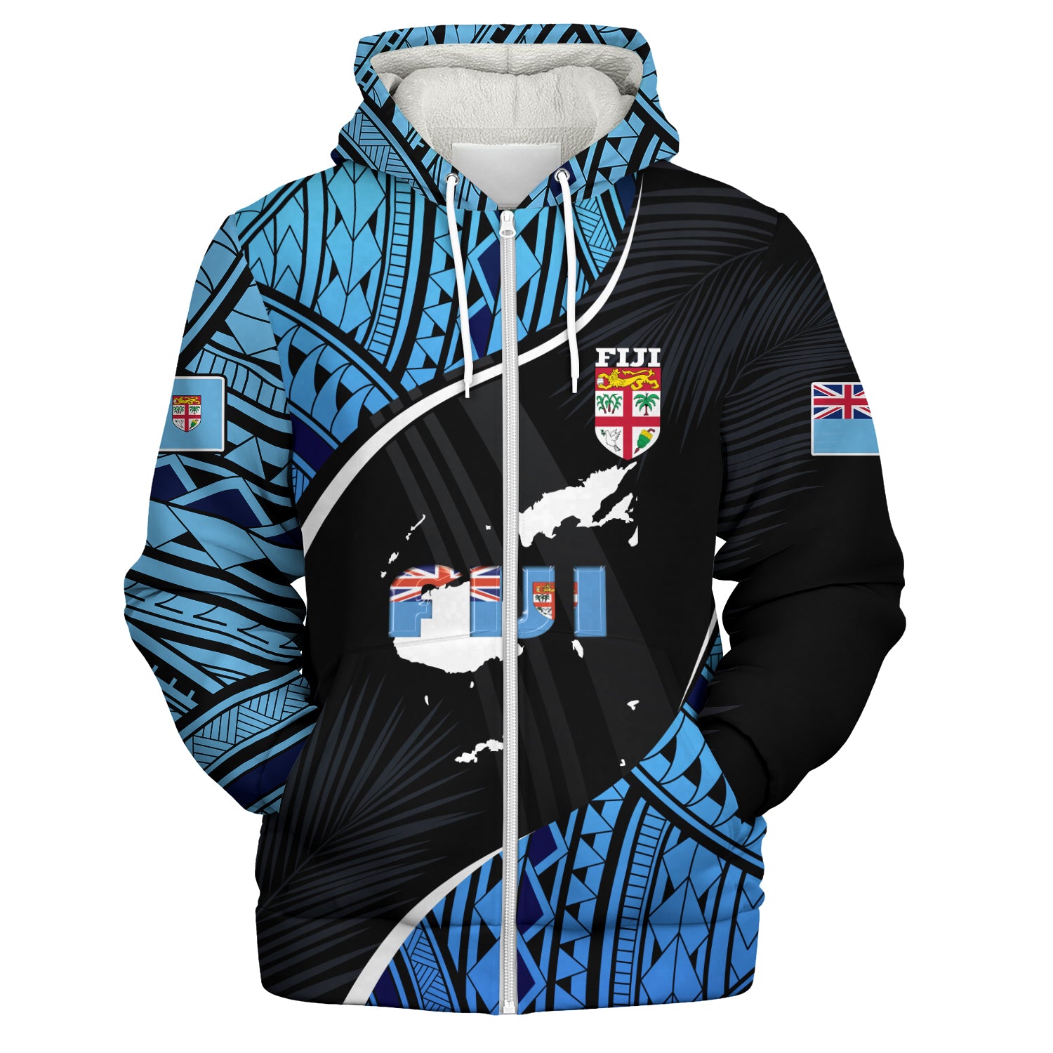 Fiji Sherpa Hoodie Fiji Map With Coat Of Arms Polynesian Tatau Half Black