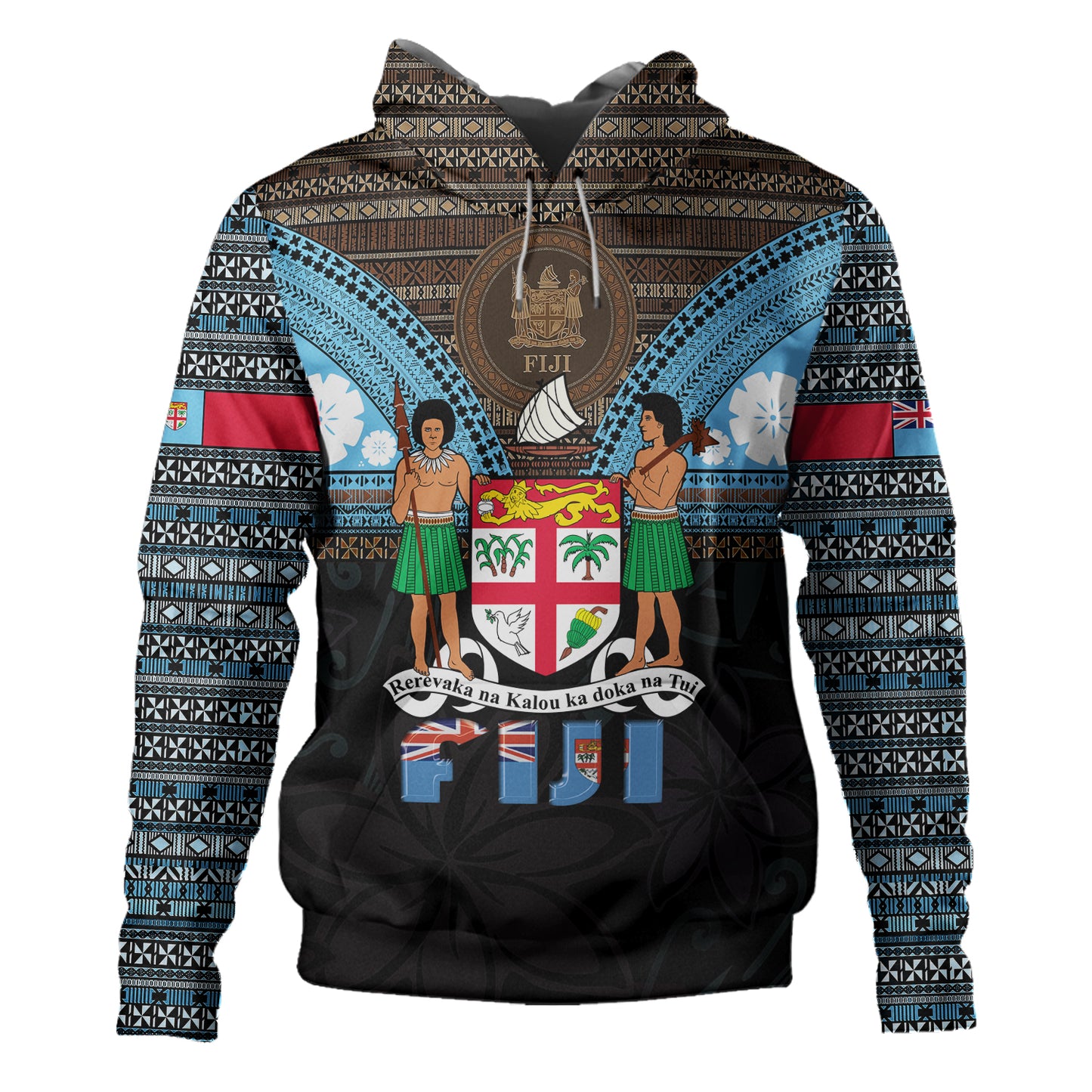Fiji Hoodie Fiji Brown Masi Design With Coat Of Arms Tribal Half Black