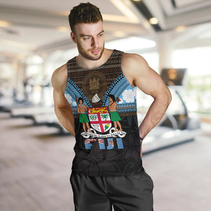 Fiji Tank Top Fiji Brown Masi Design With Coat Of Arms Tribal Half Black