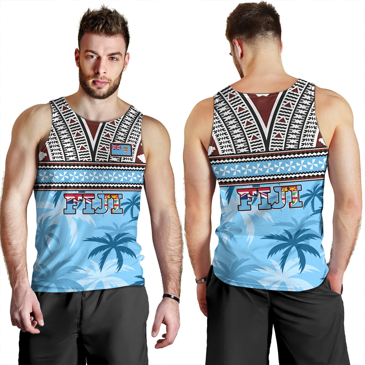 Fiji Tank Top Fijian Tribal Masi Design With Tropical Palm Leaves