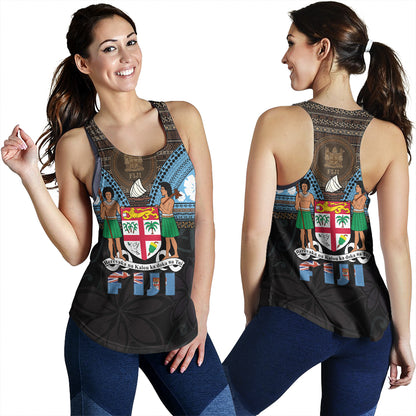 Fiji Women Tank Fiji Brown Masi Design With Coat Of Arms Tribal Half Black