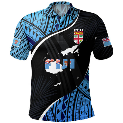 Fiji Polo Shirt Fiji Map With Coat Of Arms Polynesian Tatau Half Black
