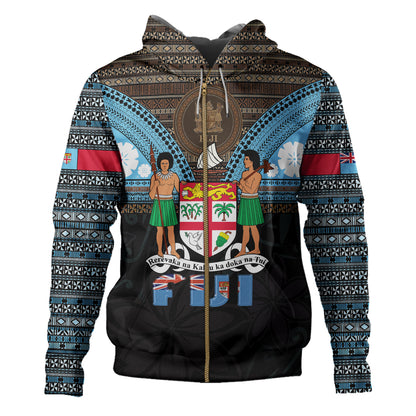 Fiji Hoodie Fiji Brown Masi Design With Coat Of Arms Tribal Half Black