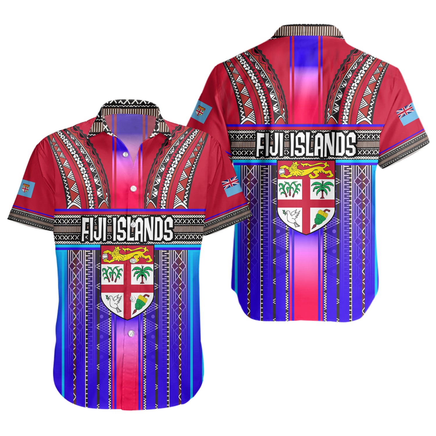 Fiji Short Sleeve Shirt Fijian Traditional Masi Patterns Red