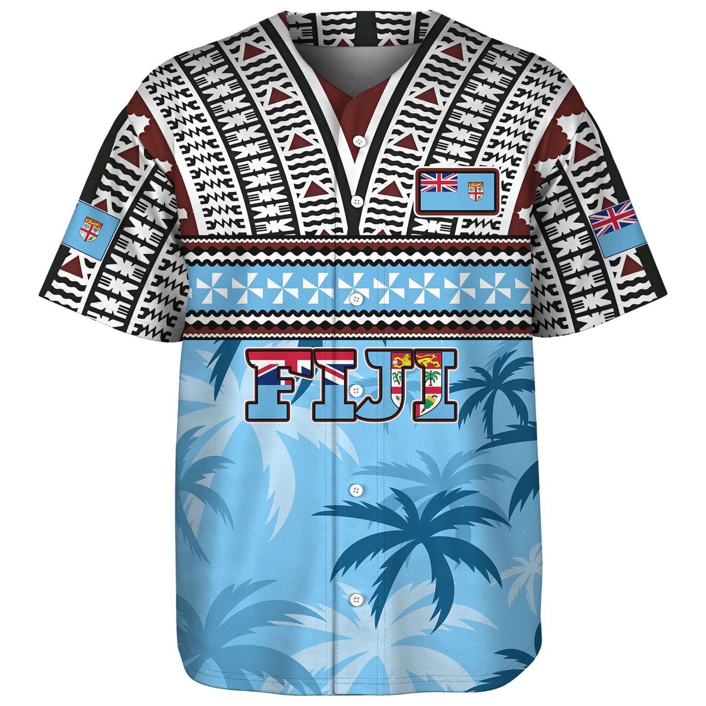 Fiji Baseball Shirt Fijian Tribal Masi Design With Tropical Palm Leaves