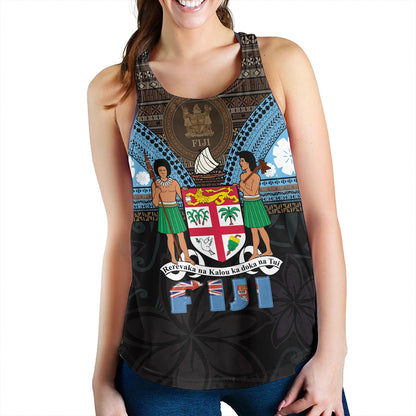 Fiji Women Tank Fiji Brown Masi Design With Coat Of Arms Tribal Half Black