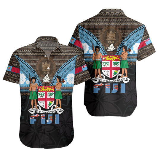 Fiji Short Sleeve Shirt Fiji Brown Masi Design With Coat Of Arms Tribal Half Black