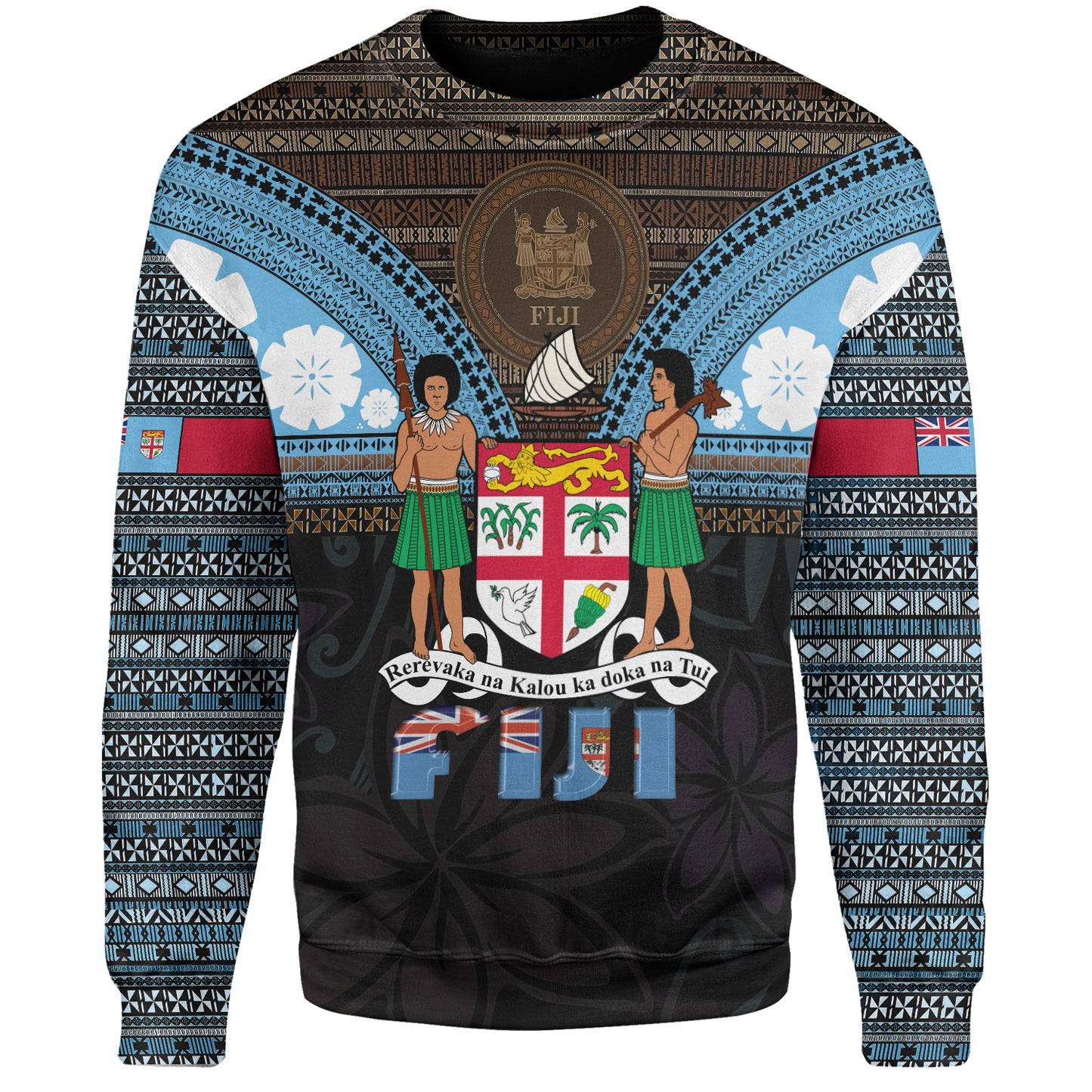 Fiji Sweatshirt Fiji Brown Masi Design With Coat Of Arms Tribal Half Black