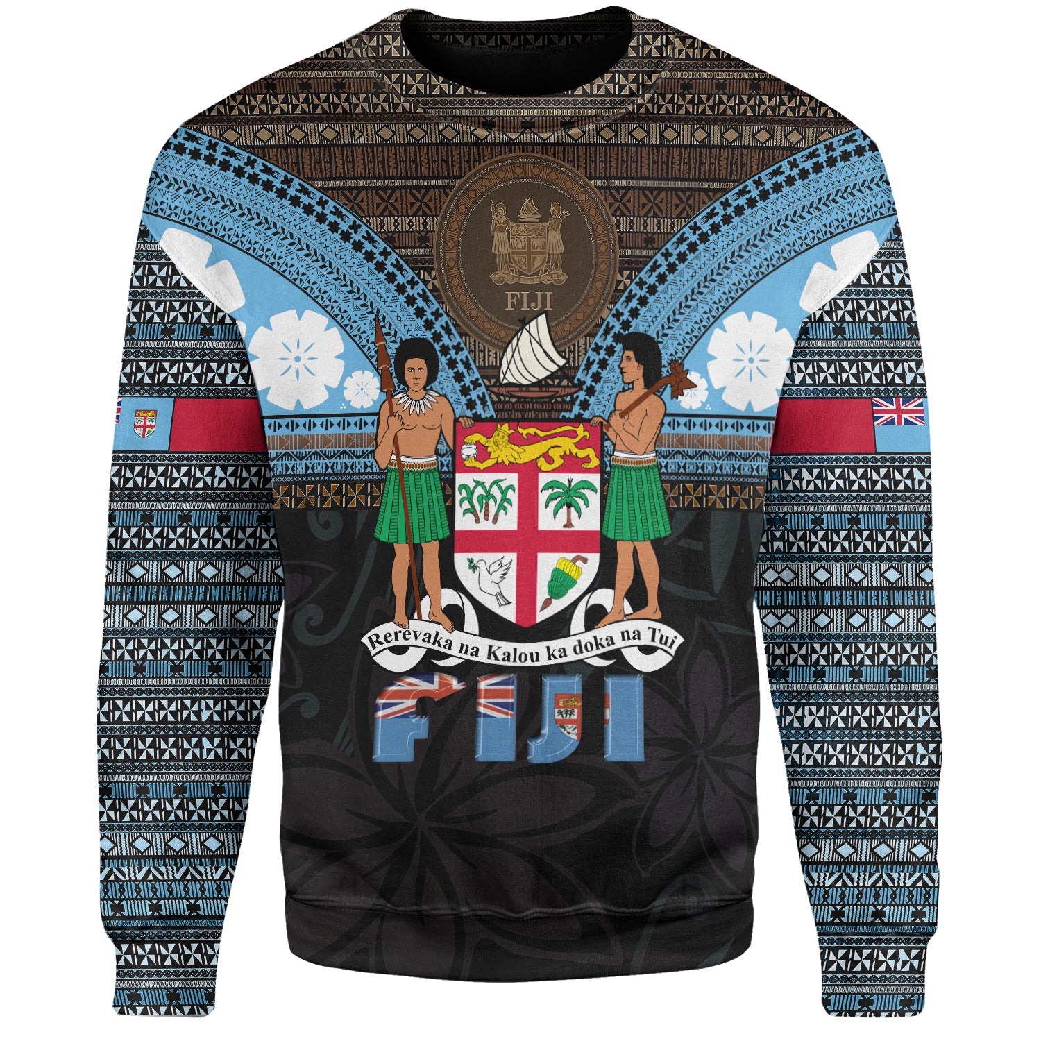 Fiji Sweatshirt Fiji Brown Masi Design With Coat Of Arms Tribal Half Black