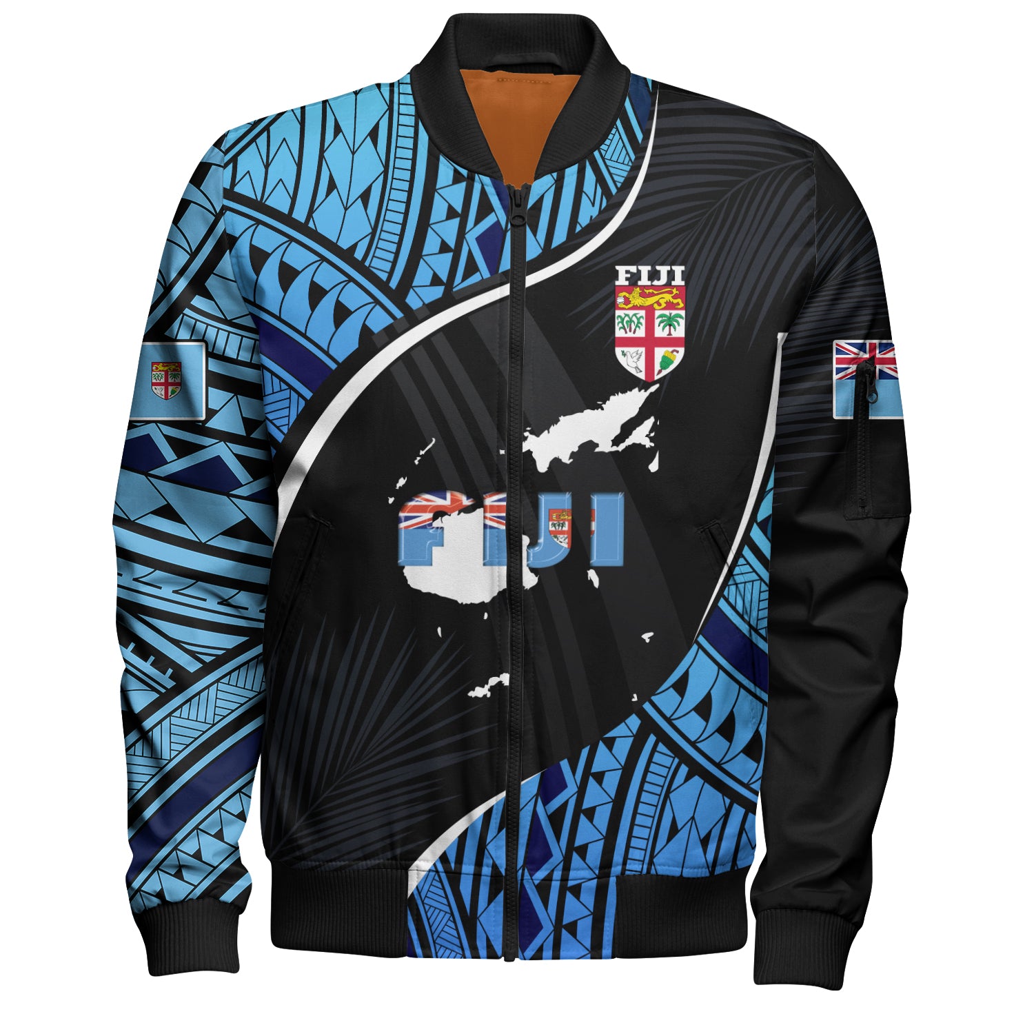 Fiji Bomber Jacket Fiji Map With Coat Of Arms Polynesian Tatau Half Black