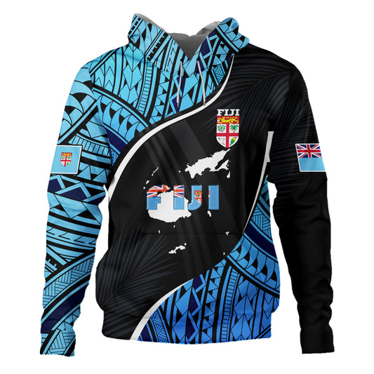Fiji Hoodie Fiji Map With Coat Of Arms Polynesian Tatau Half Black