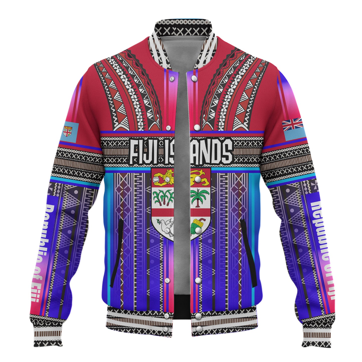 Fiji Baseball Jacket Fijian Traditional Masi Patterns Red