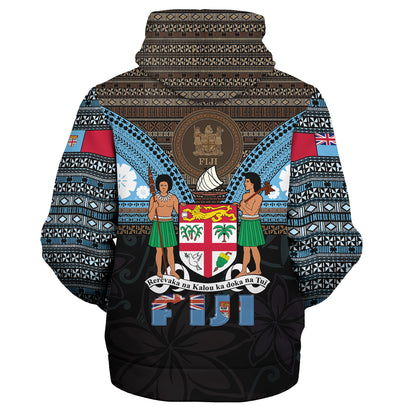 Fiji Sherpa Hoodie Fiji Brown Masi Design With Coat Of Arms Tribal Half Black