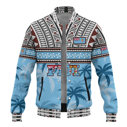 Fiji Baseball Jacket Fijian Tribal Masi Design With Tropical Palm Leaves