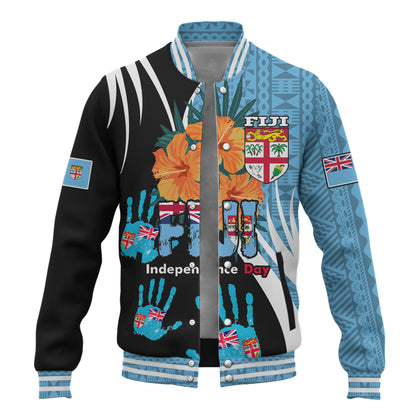 Fiji Baseball Jacket Fiji Day The Bula Spirit Fijian Hand Print Tapa Pattern Tropical Flowers