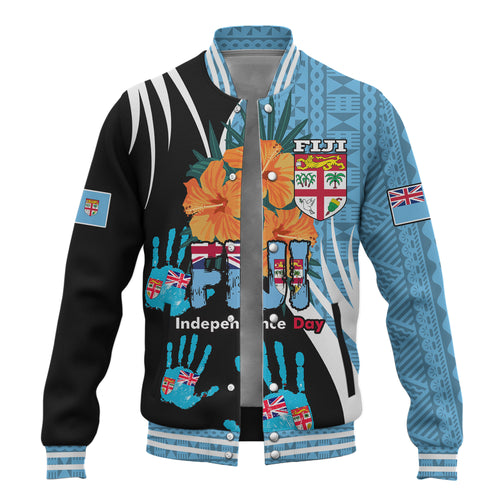 Fiji Baseball Jacket Fiji Day The Bula Spirit Fijian Hand Print Tapa Pattern Tropical Flowers
