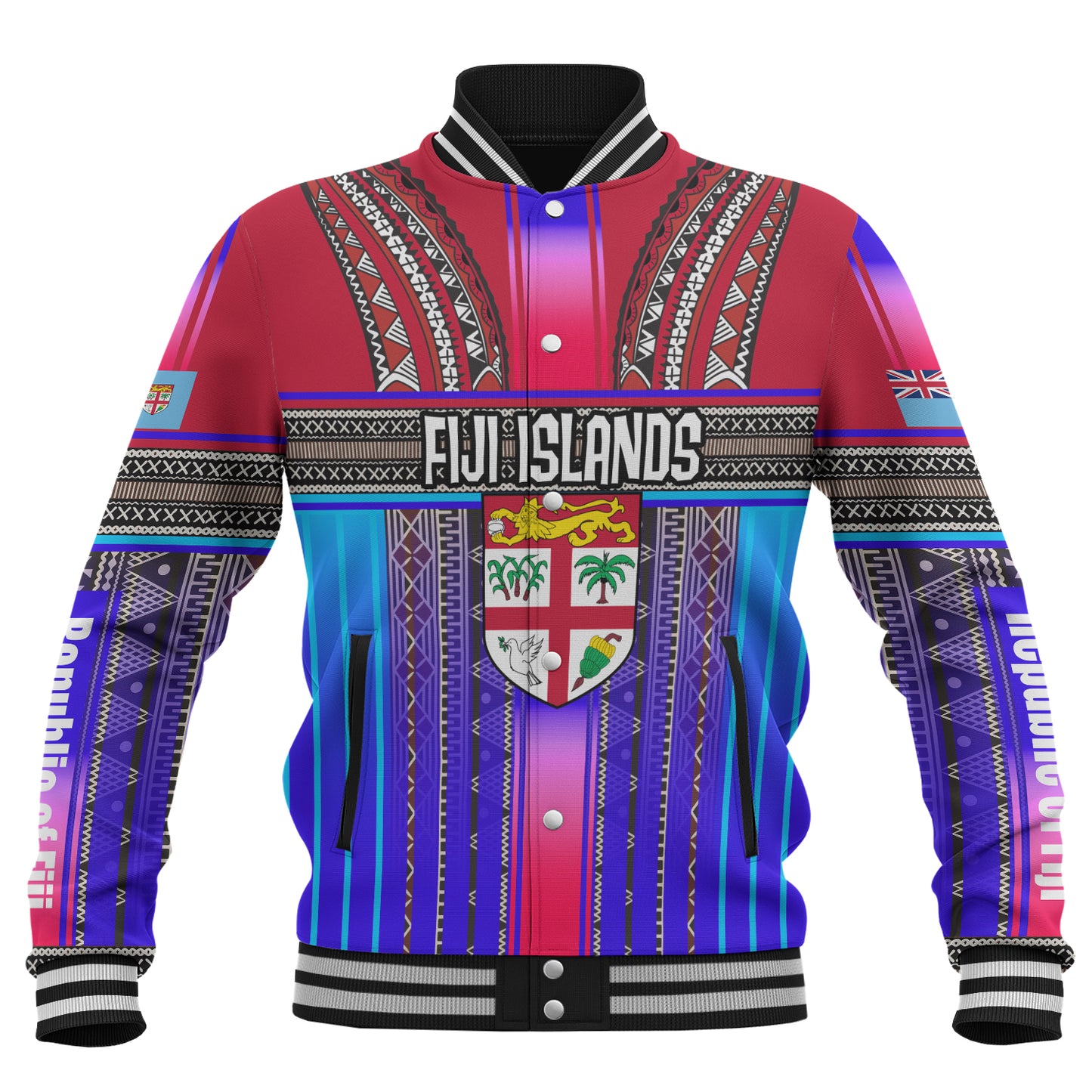 Fiji Baseball Jacket Fijian Traditional Masi Patterns Red